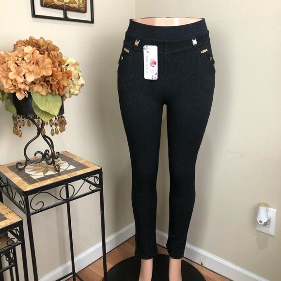 Unbranded Denim - Black -navy blue shimmering jean leggings SZ L-XL fur lined